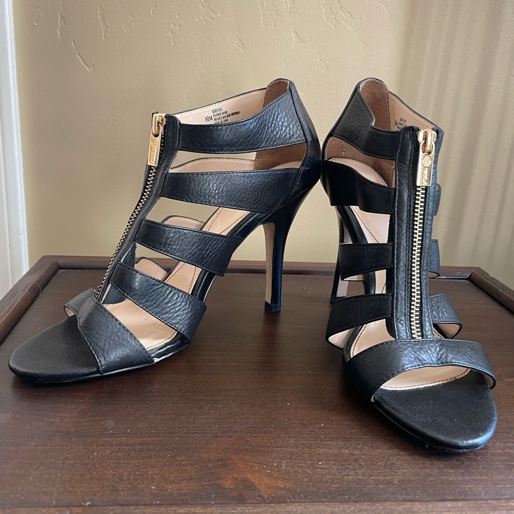 Isola Black Strappy Heels with Gold Zipper